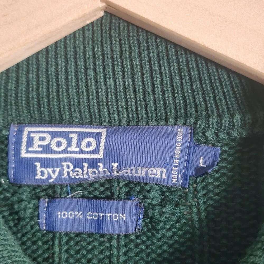 Polo Ralph Lauren Sweater Mens Large Green Cable Knit Golf Crest Shield Cotton
